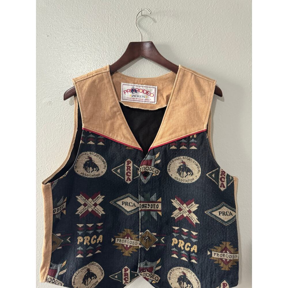 Vtg PRCA Pro Rodeo David James Tapestry Vest Blue Tan Cowboy Horse Bull